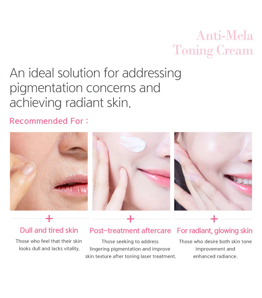 Three close-up photos showing the cream's use for dull skin, post-treatment aftercare, and achieving radiant, glowing skin.
