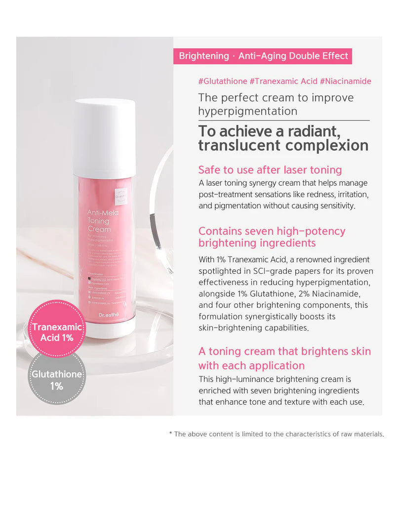 Anti-Mela Toning Cream ingredient callout featuring Tranexamic Acid, Glutathione, and Niacinamide for brightening and anti-aging.