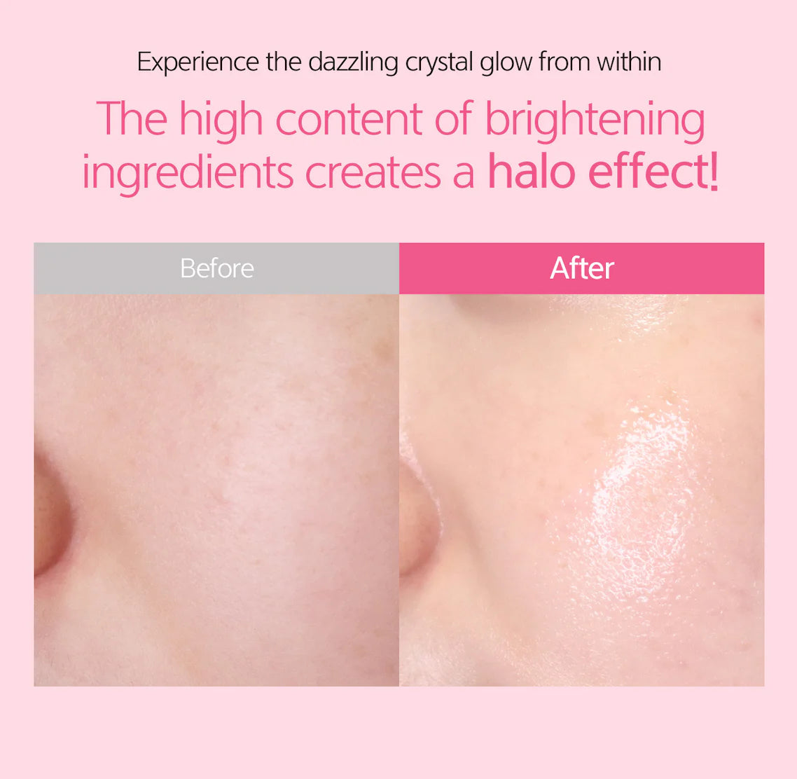 Before-and-after comparison of skin on the cheek, showing a matte complexion before and a dewy, luminous "halo glow" finish after using Anti-Mela Toning Serum.