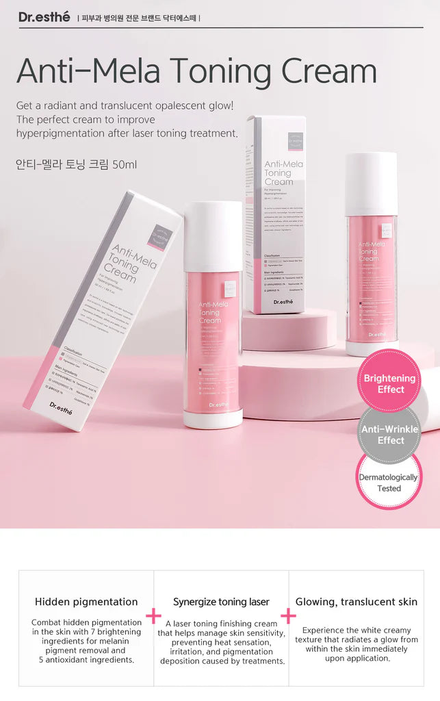 Dr. esthé Anti-Mela Toning Cream product graphic highlighting its brightening effect, anti-wrinkle effect, and dermatological testing.