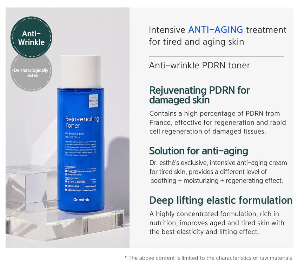 Blue skincare bottle with text about anti-aging treatments on a white background