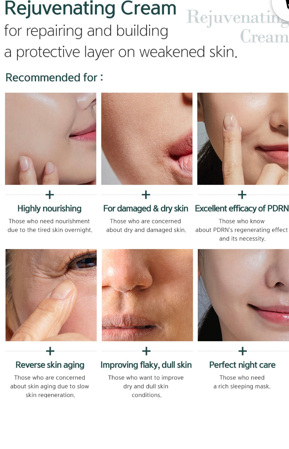 Advertisement for rejuvenating cream with before-and-after images of skin conditions and benefits.