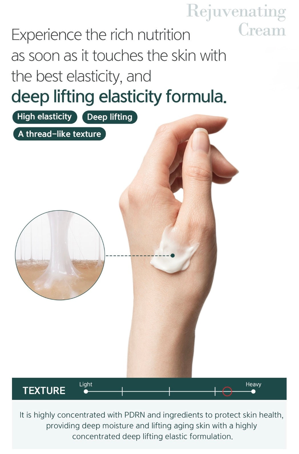 Hand applying cream with text about rejuvenating cream's benefits and texture.
