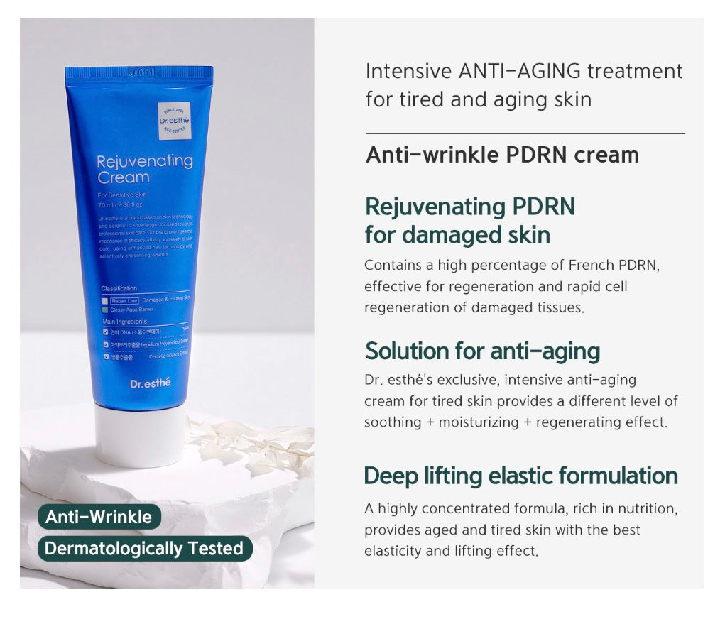 Blue tube of Dr. esthe rejuvenating cream with product details on a white background