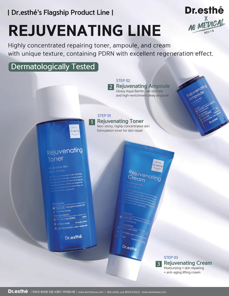 Dr. Esthe skincare products including toner, ampoule, and cream on a white background