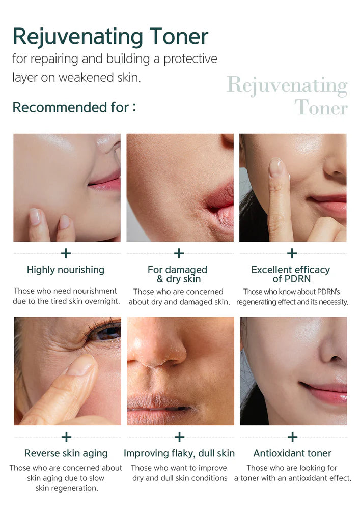 Advertisement for Rejuvenating Toner with skin benefits and usage scenarios.