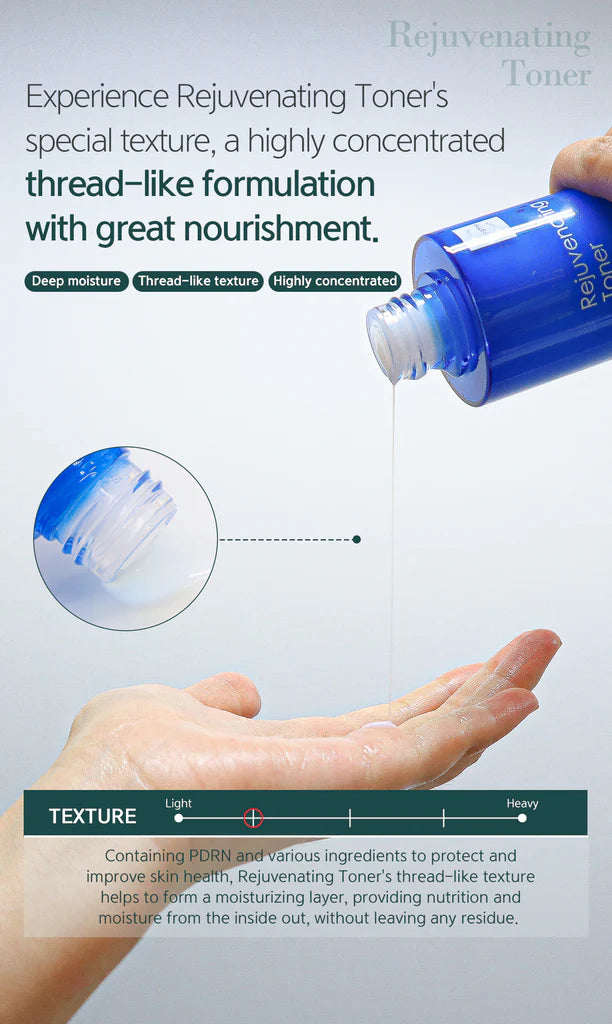 Rejuvenating Toner bottle with text on texture and benefits