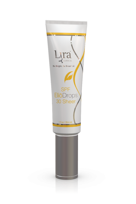 A tube of Lira Clinical SPF ELIODROPS 30 Sheer moisturizing serum with broad-spectrum physical protection.