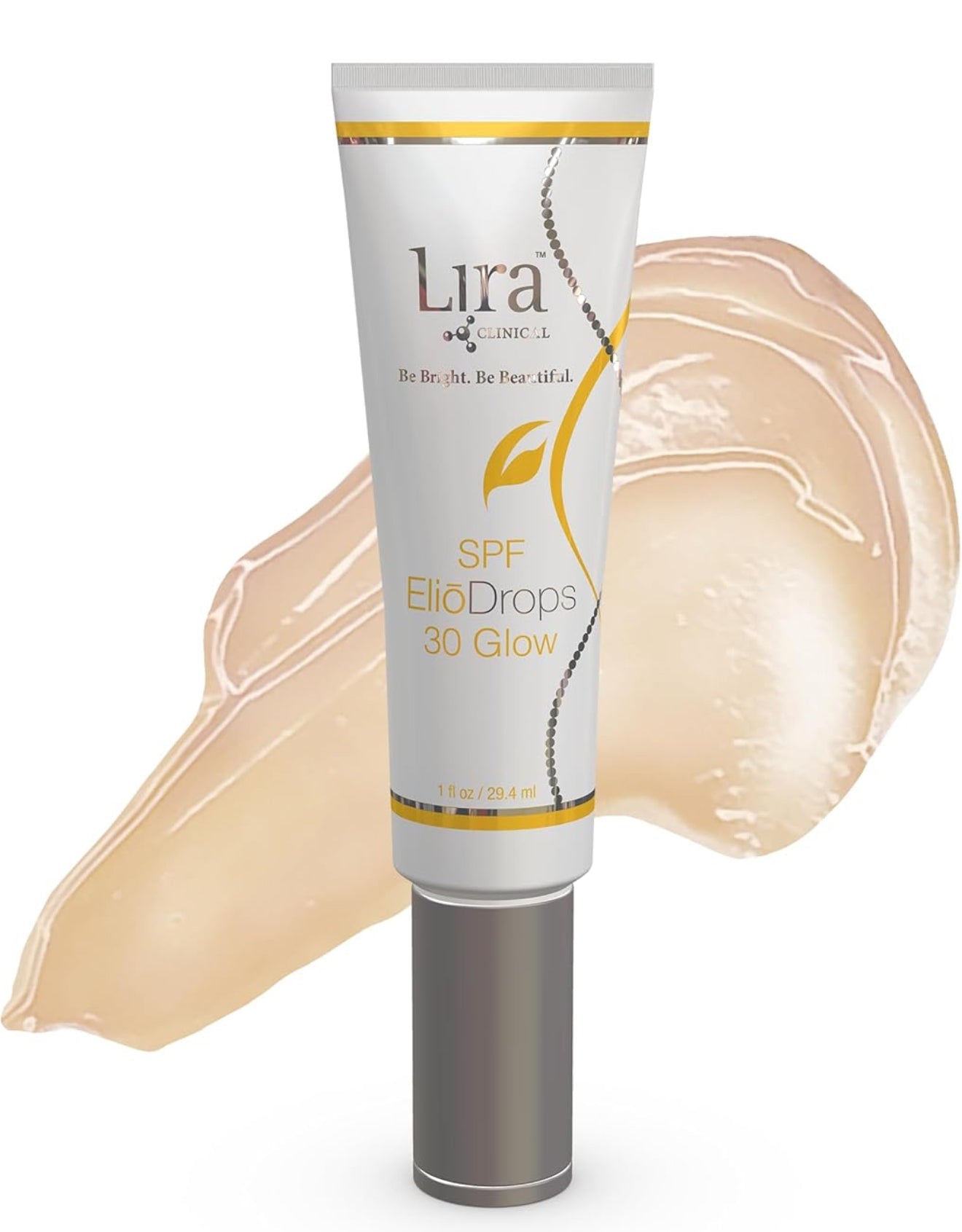 Lira Clinical SPF ElioDrops 30 Glow skincare product with a beige swatch on a white background