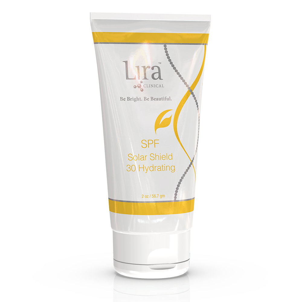 A tube of Lira Clinical SPF Solar Shield 30 Hydrating moisturizer with white and yellow packaging.