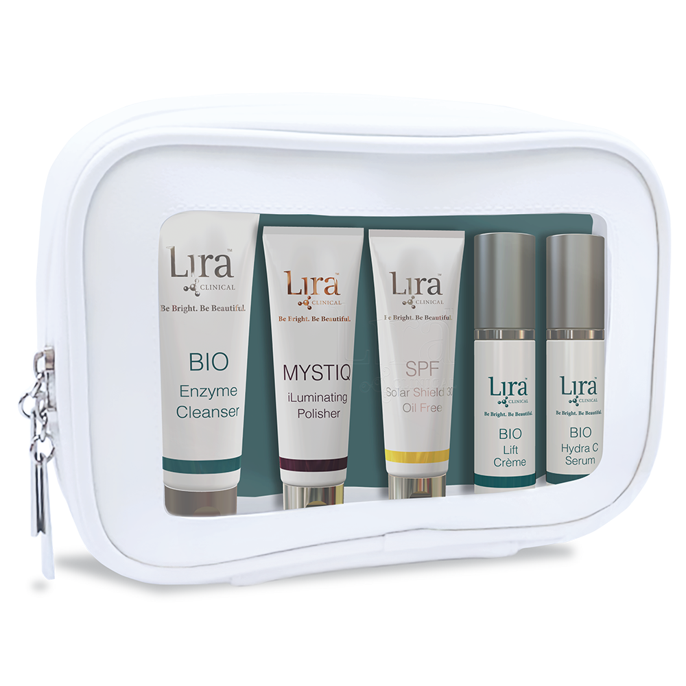 Set of Lira skincare products in a white travel case on a white background