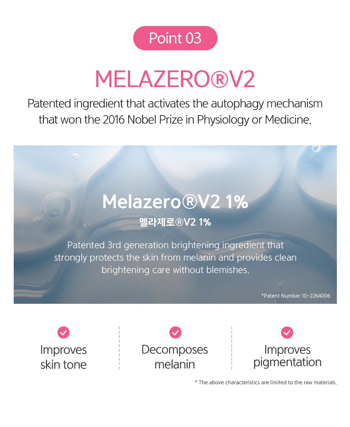 "Point 03" ingredient spotlight on Melazero V2, a patented brightening ingredient described as activating an autophagy-based mechanism to reduce melanin.