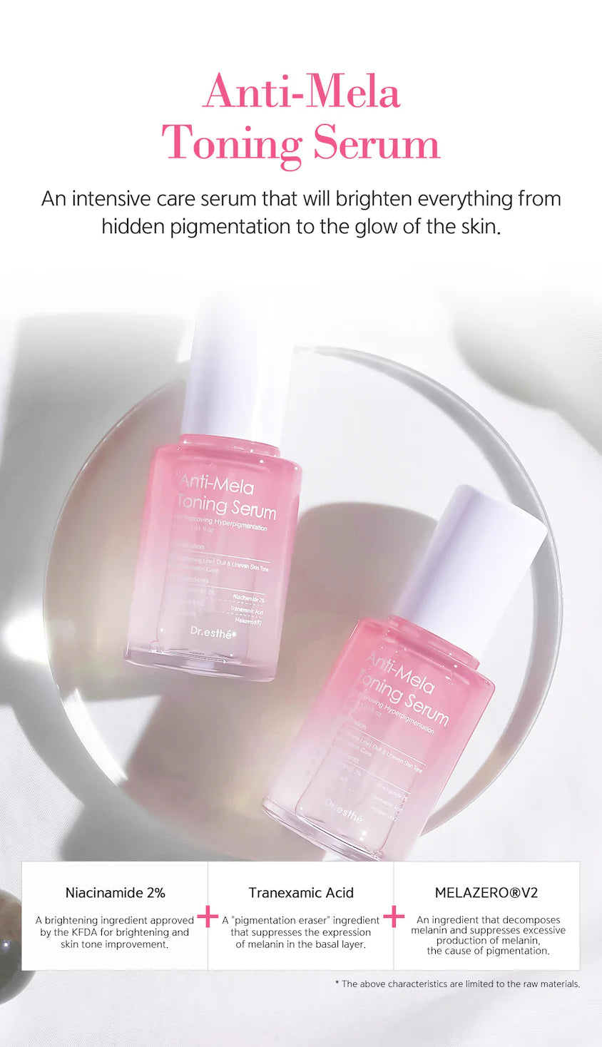 Two Anti-Mela Toning Serum bottles on a glass dish, with ingredient callouts for Niacinamide 2%, Tranexamic Acid, and Melazero V2.