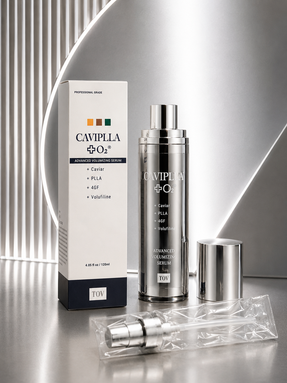 HOP CAVIPLLA+O2® Advanced Volumizing Serum bottle, box, cap, and pump displayed together, highlighting Caviar, PLLA, 4GF, and Volufiline ingredients.
