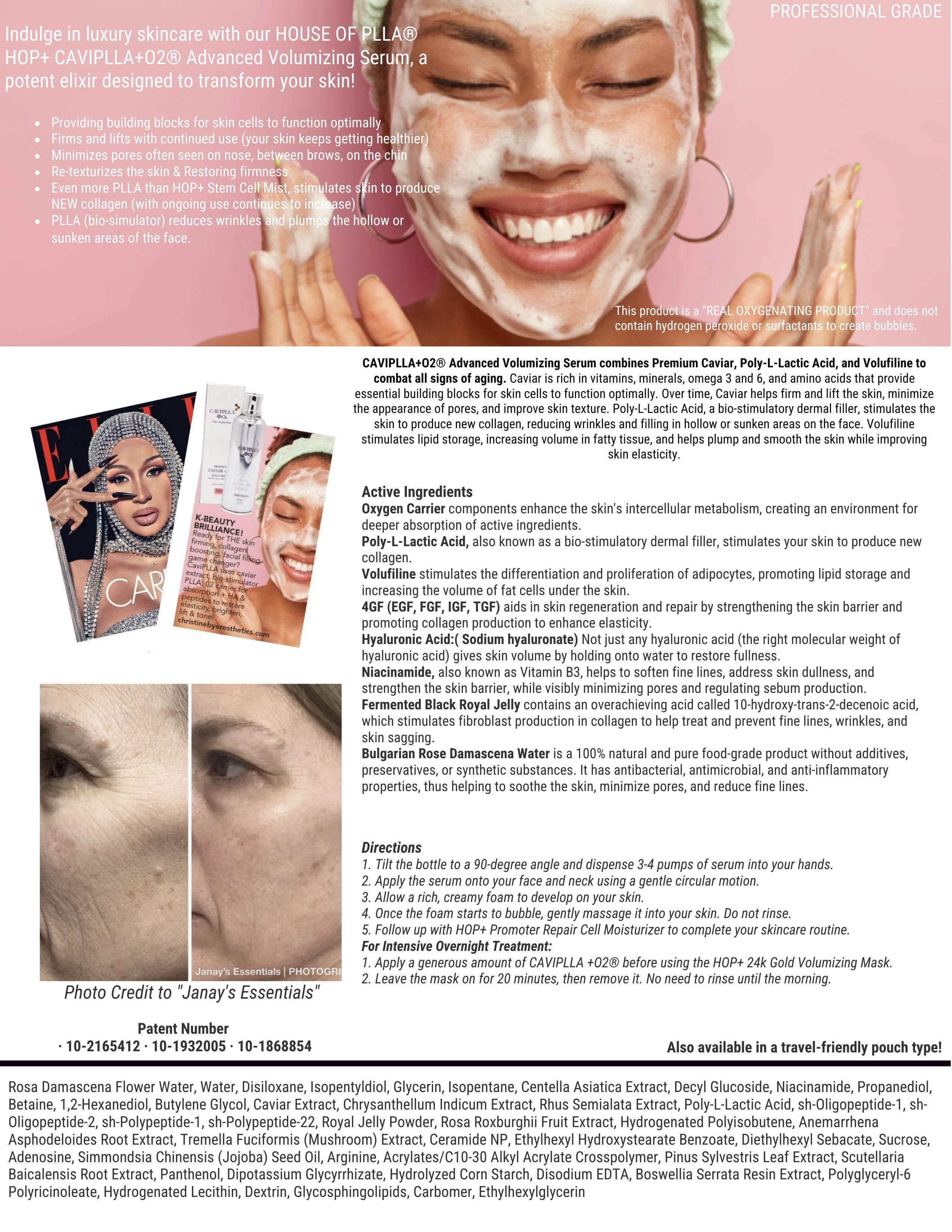Product benefits, active ingredient breakdown, a magazine feature clipping, before-and-after eye area photos, and full ingredient list for HOP+ CAVIPLLA+O2® Advanced Volumizing Serum.
