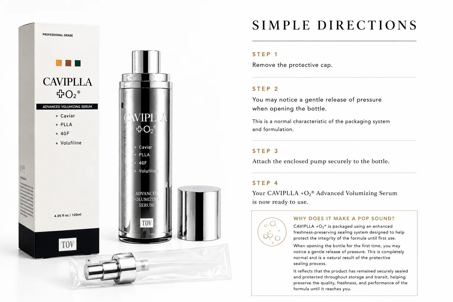 CAVIPLLA+O2® Advanced Volumizing Serum with a 4-step usage guide and an explanation of the bottle's pressure-release "pop" sound.

