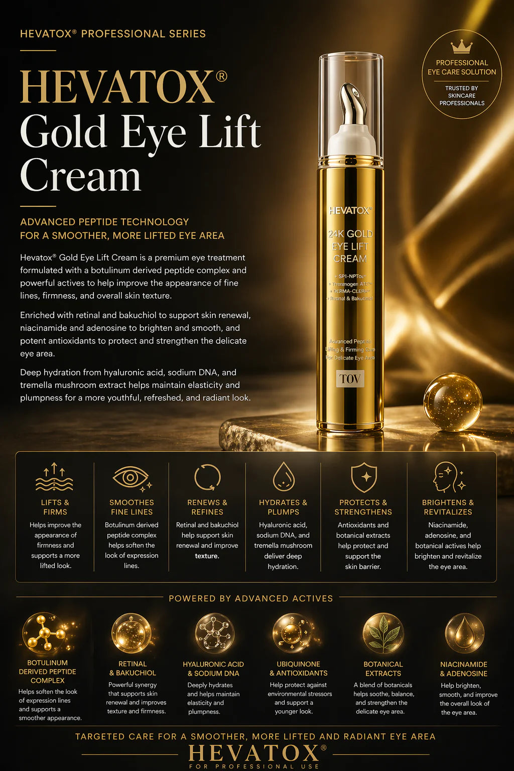Hevatox 24K Gold Eye Lift Cream bottle against a dark gold background, highlighting active ingredients including retinal, bakuchiol, hyaluronic acid, and niacinamide.
