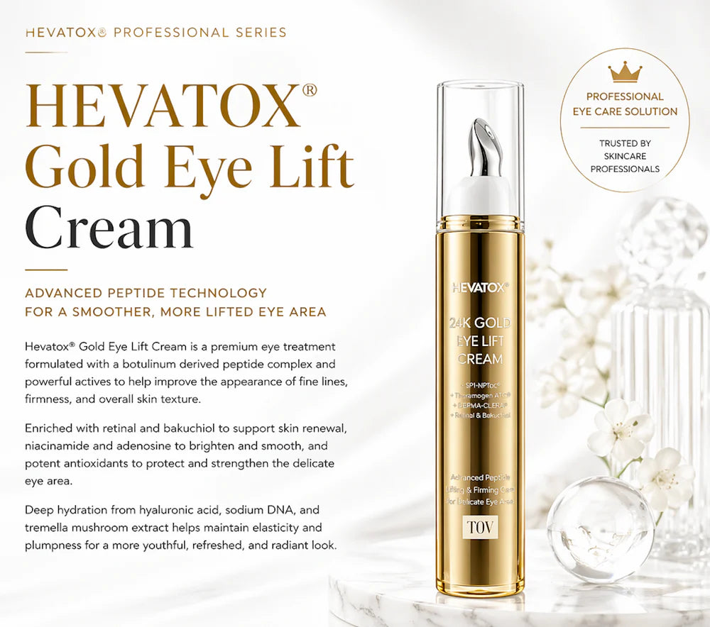 Hevatox 24K Gold Eye Lift Cream bottle on a marble stand with crystal decor, listing benefits for lifting, hydrating, and brightening the eye area.

