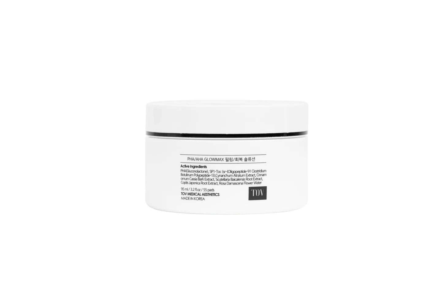 Back label of the Hevatox PHA/AHA Exfoliating & Firming Pads jar showing active ingredients and product size, 95ml / 55 pads.

