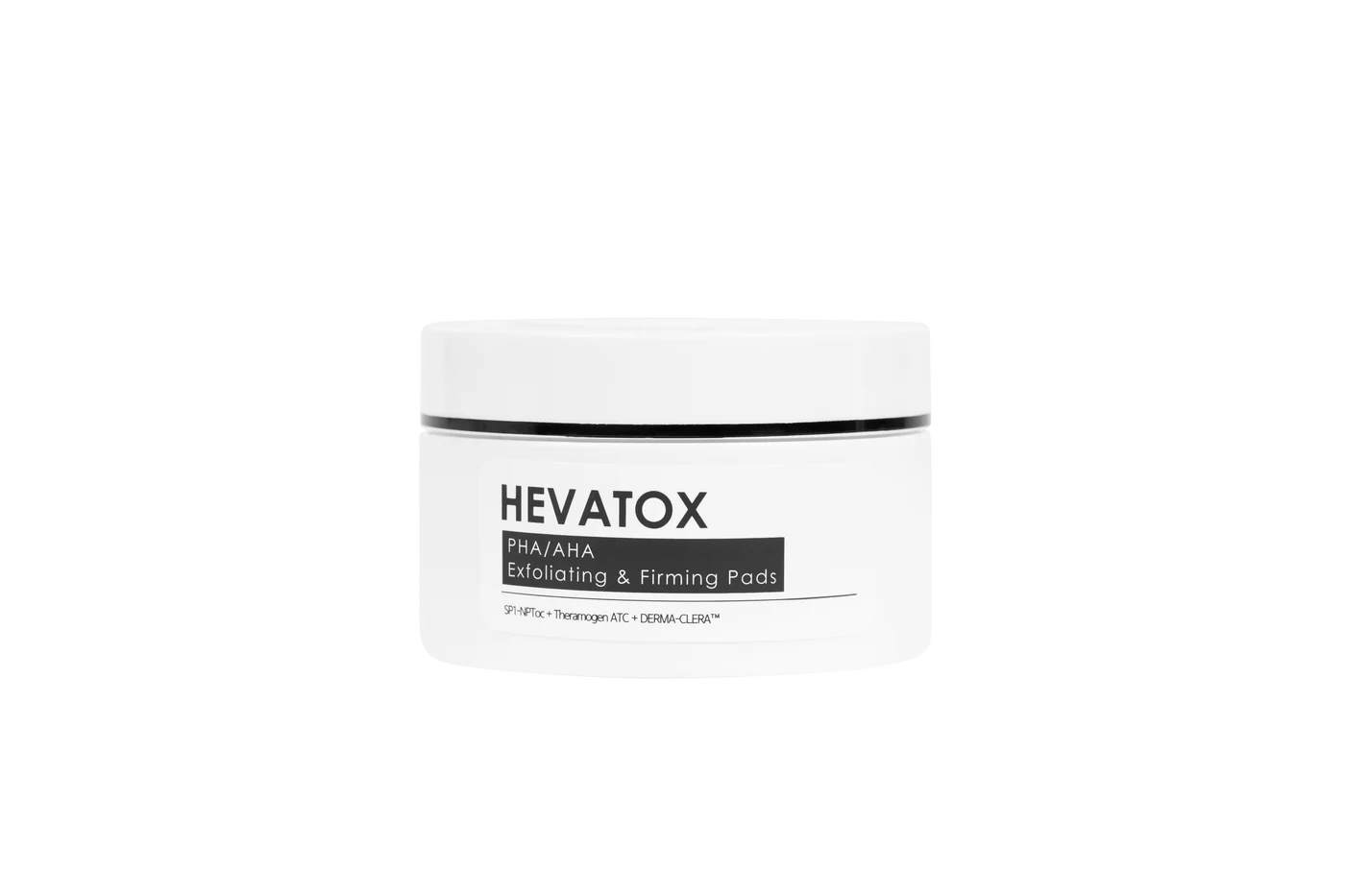 Front view of the Hevatox PHA/AHA Exfoliating & Firming Pads jar on a plain white background.

