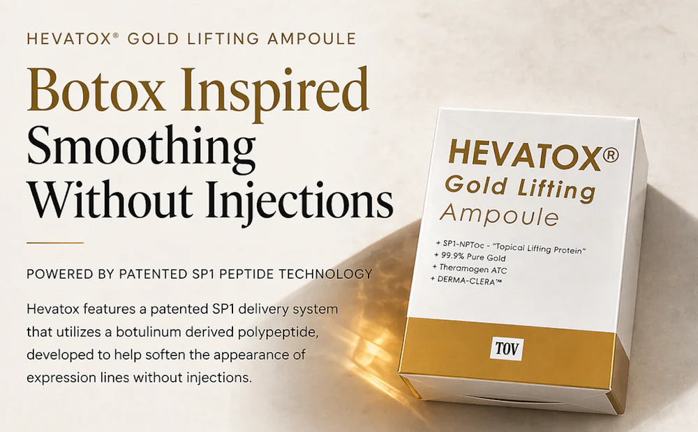 Hevatox Gold Lifting Ampoule box on a warm stone background, describing it as a topical alternative to injectables using patented SP1 peptide technology.

