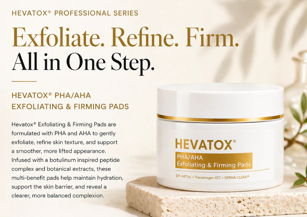 Hevatox PHA/AHA Exfoliating & Firming Pads jar on a stone tray, describing the formula's exfoliating, firming, and hydrating benefits.
