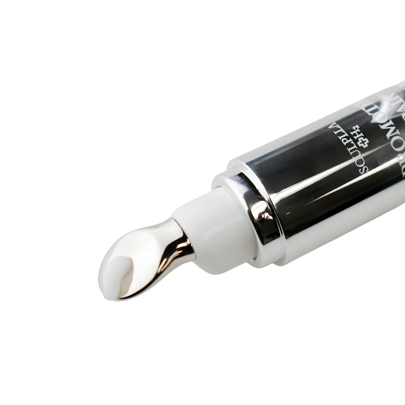 Close-up of the HOP+ Promoter eye and lip cream's metal applicator tip, angled to show the cooling massage roller.


