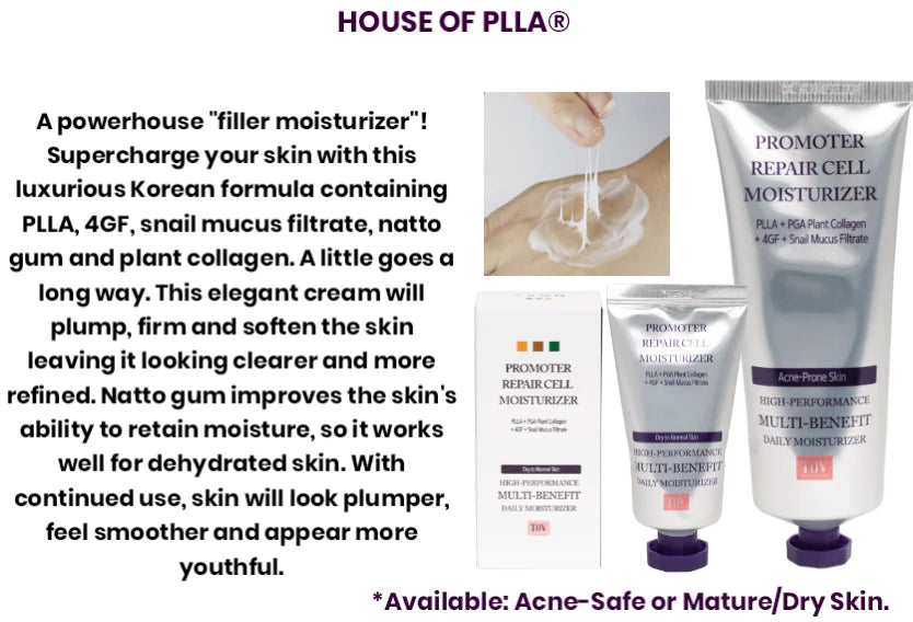 Graphic describing HOP+ Promoter Repair Cell Moisturizer as a "filler moisturizer" containing PLLA, 4GF, snail mucus filtrate, and natto gum, shown with product tubes and boxes for acne-prone and mature/dry skin.
