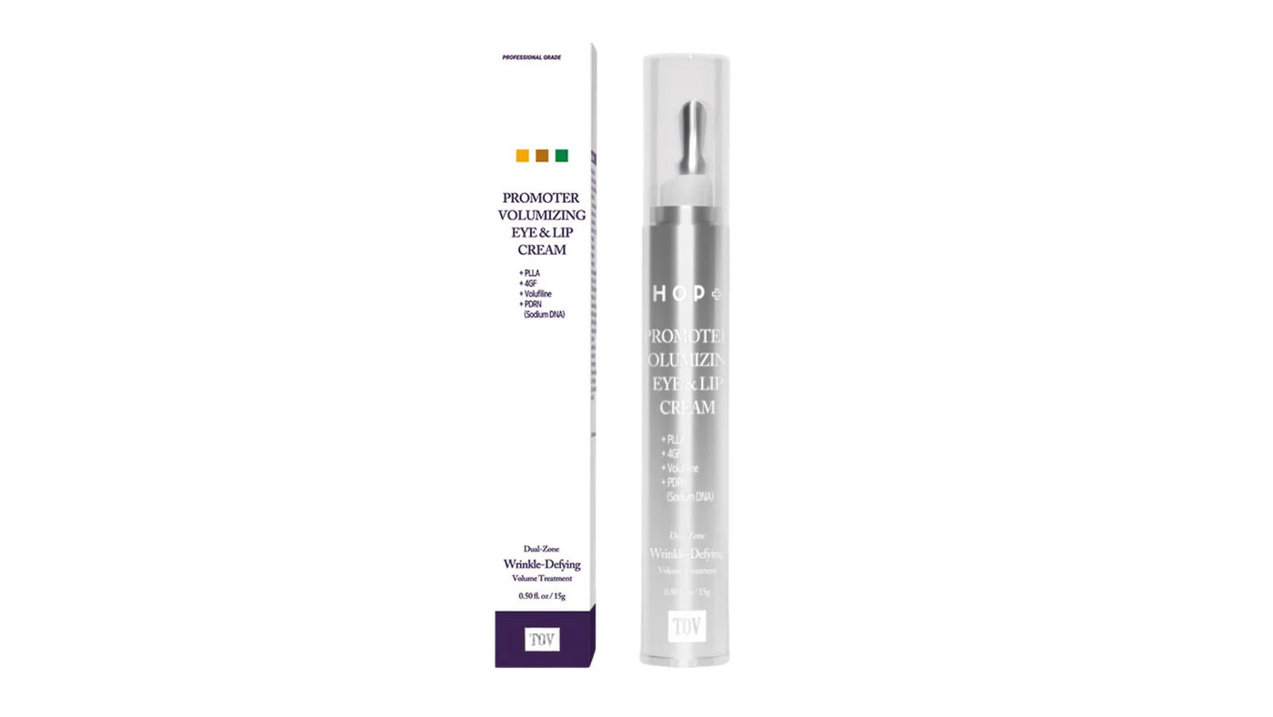 HOP+ Promoter Volumizing Eye & Lip Cream box and tube shown side by side, listing PLLA, 4GF, Volufiline, and PDRN as key ingredients.