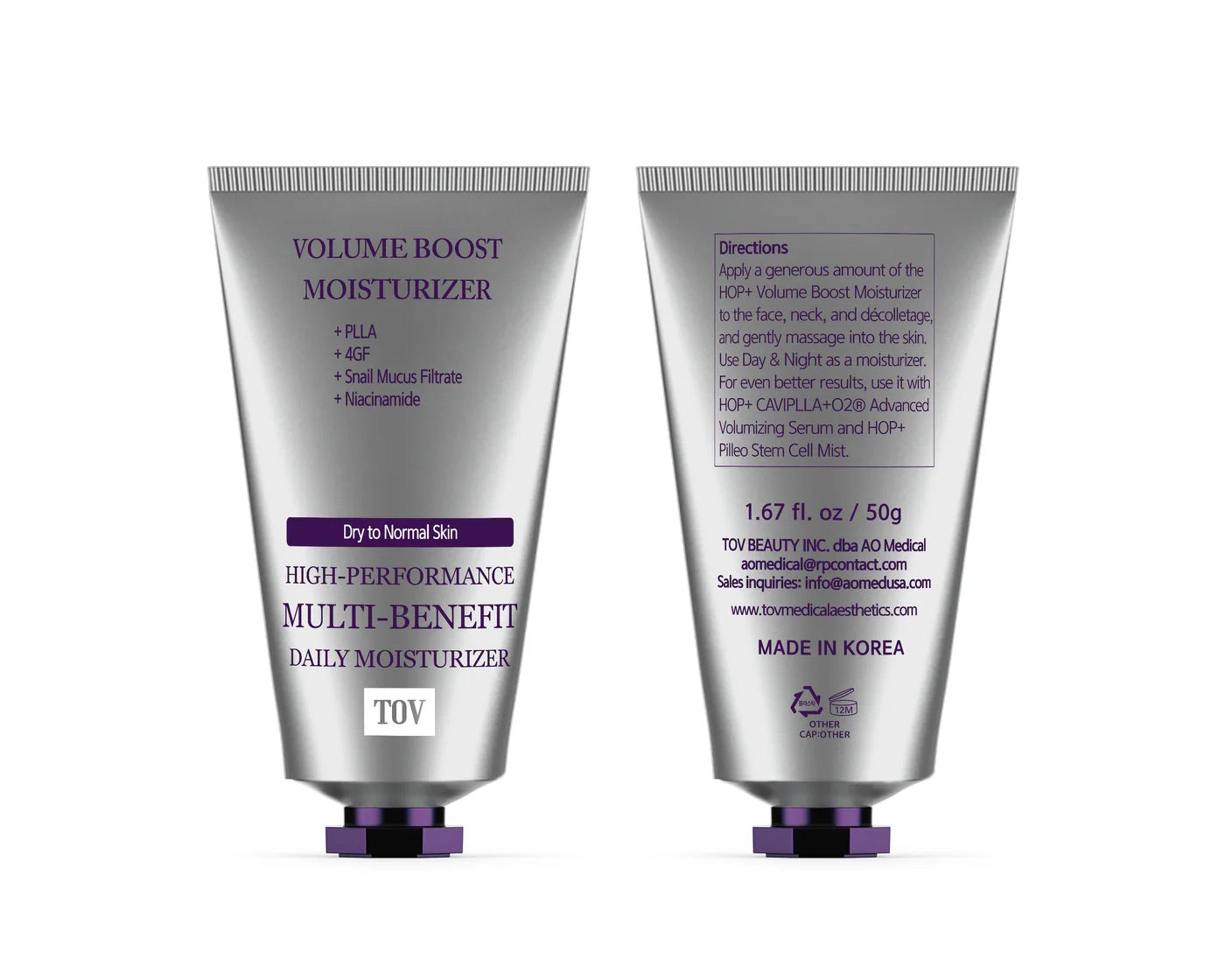 Front and back views of the TOV HOP+ Volume Boost Moisturizer tube, listing PLLA, 4GF, Snail Mucus Filtrate, and Niacinamide for dry to normal skin.
