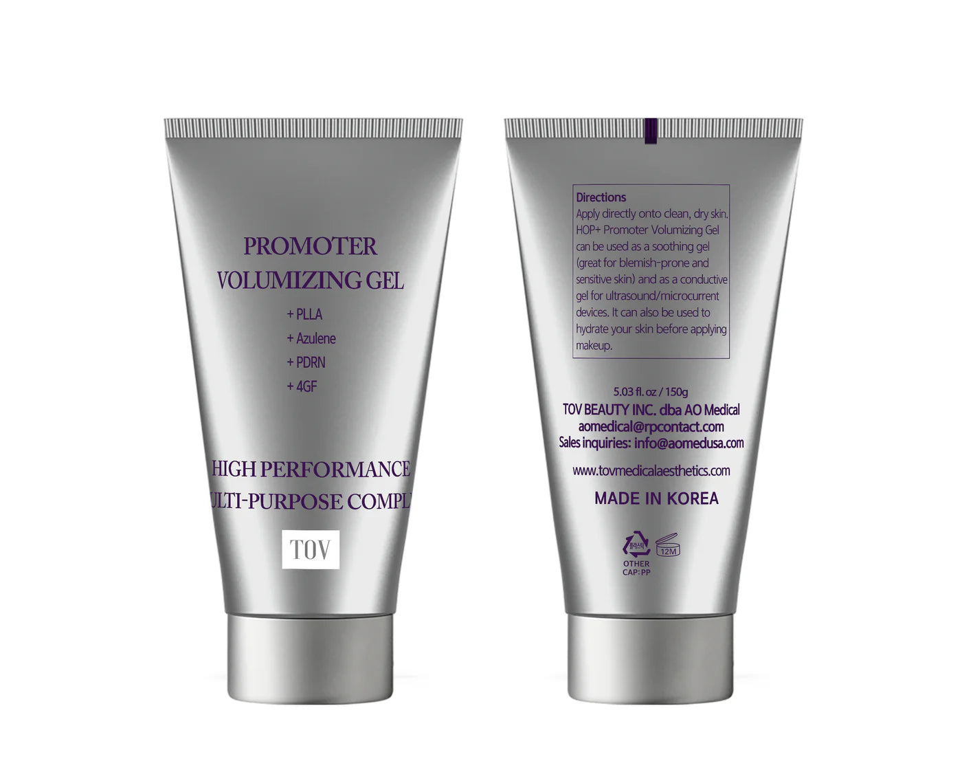 Front and back views of the TOV HOP+ Volume Boost Moisturizer tube, listing PLLA, 4GF, Snail Mucus Filtrate, and Niacinamide for dry to normal skin.
