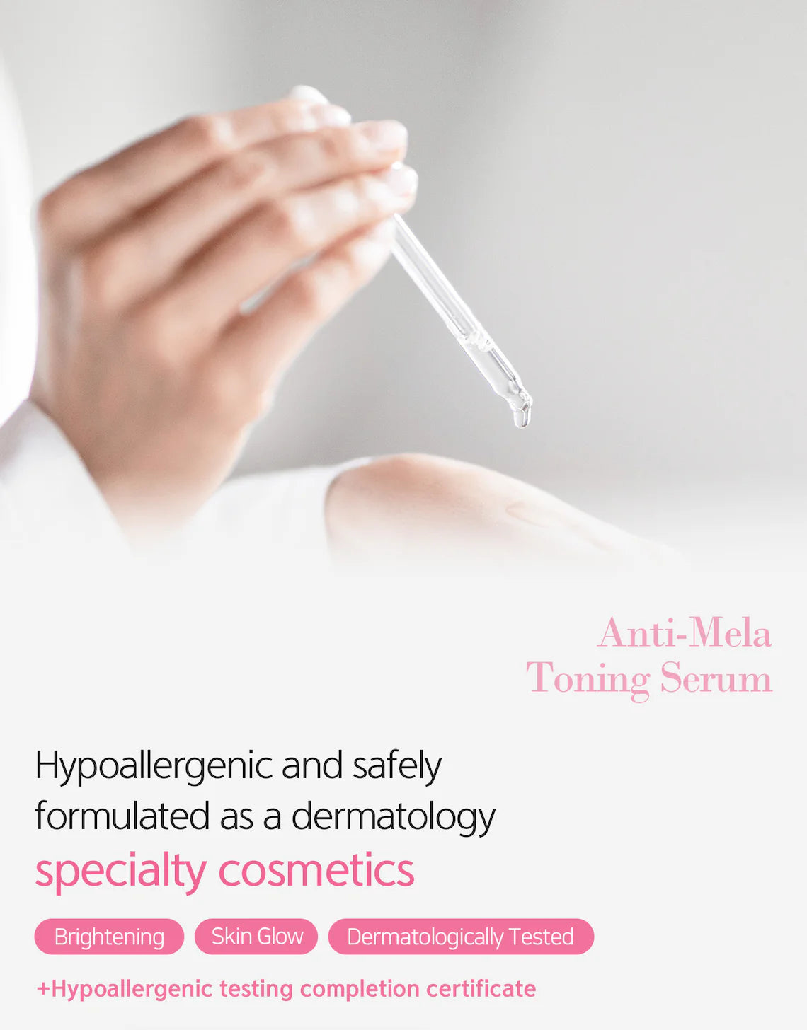 Close-up of a hand holding a serum dropper, with text noting the product is hypoallergenic and dermatologically tested.