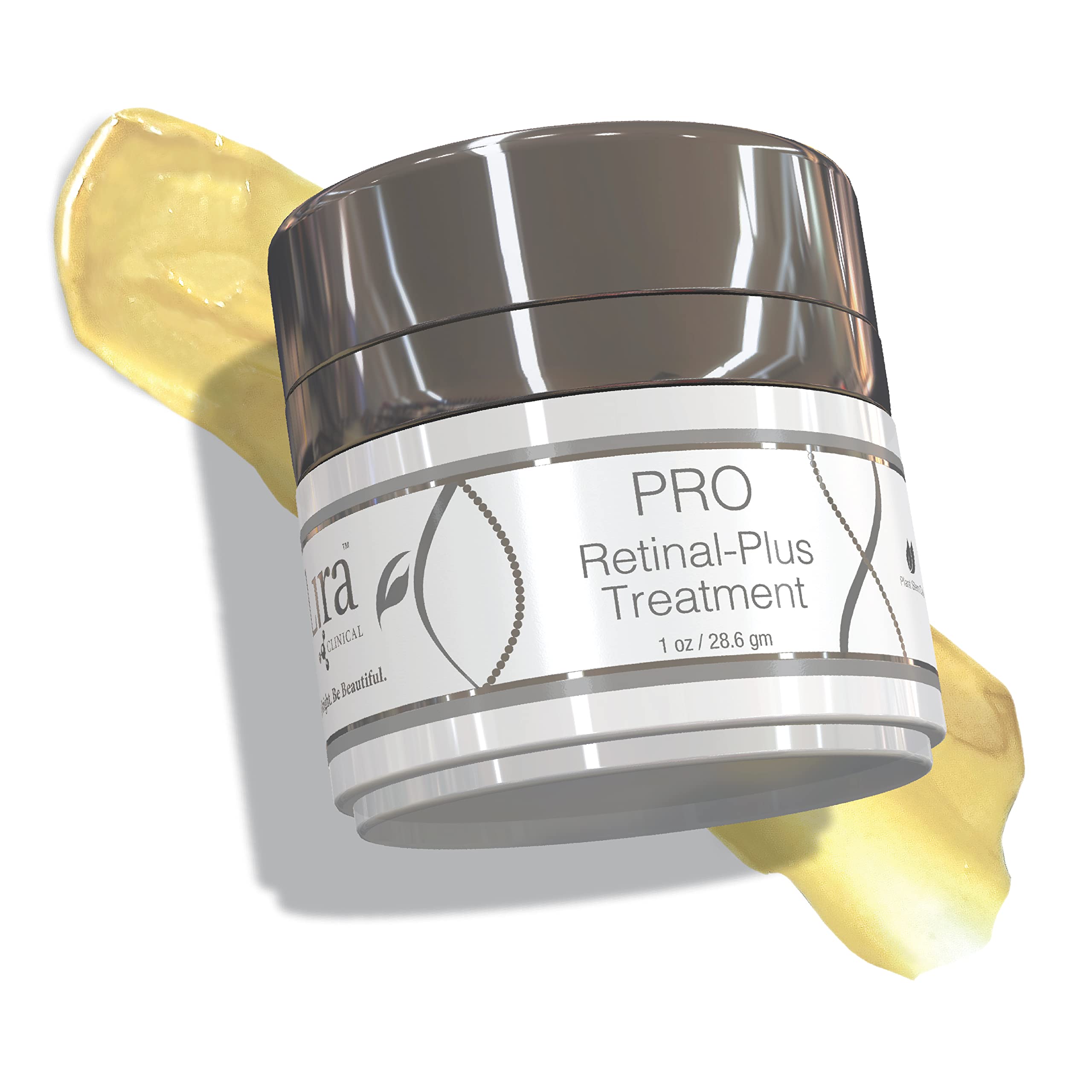 Lira Clinical PRO Retinal-Plus Treatment white jar with chrome lid, yellow cream behind jar. 1 oz