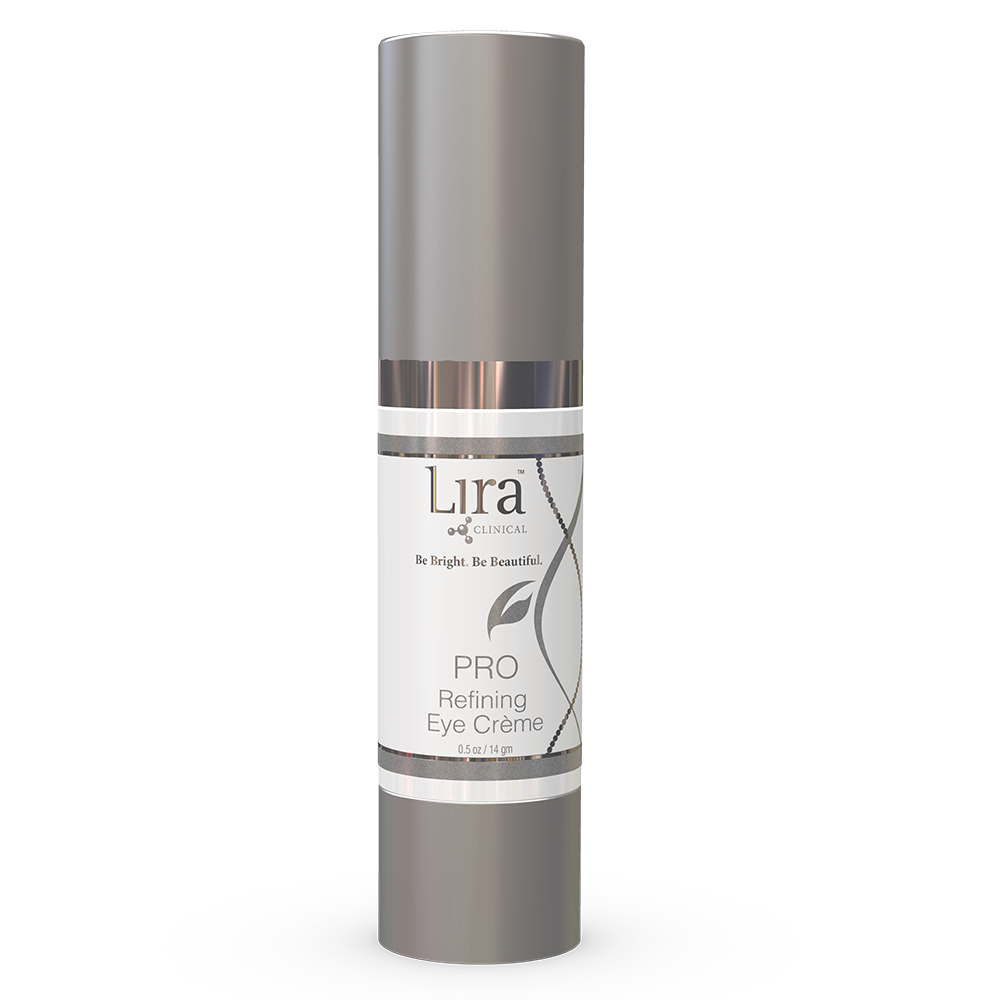 Lira Clinical PRO Refining Eye Crème bottle with matte silver lid, 0.5 fl oz