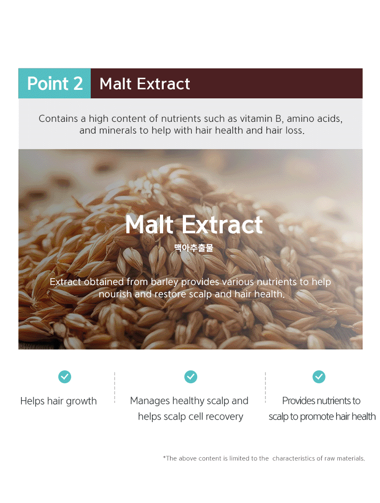 Section header "501 Shampoo Max — Dr.esthé's optimal solution for sensitive scalp" with icons for caffeine, malt extract, and copper tripeptide-1.