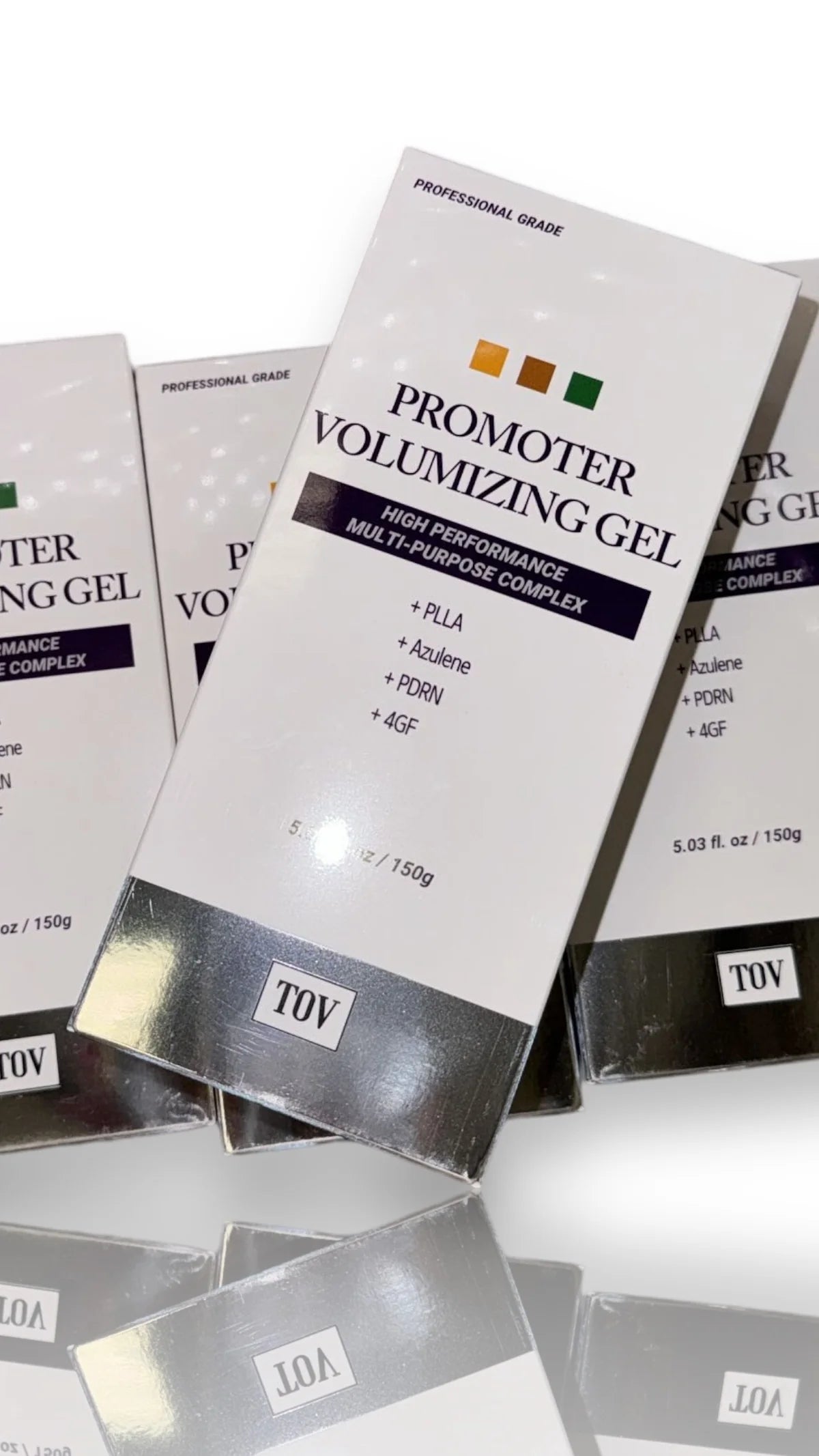 Stack of Promoter Volumizing Gel professional-grade retail boxes listing PLLA, Azulene, PDRN, and 4GF as key ingredients, 5.03 fl. oz.
